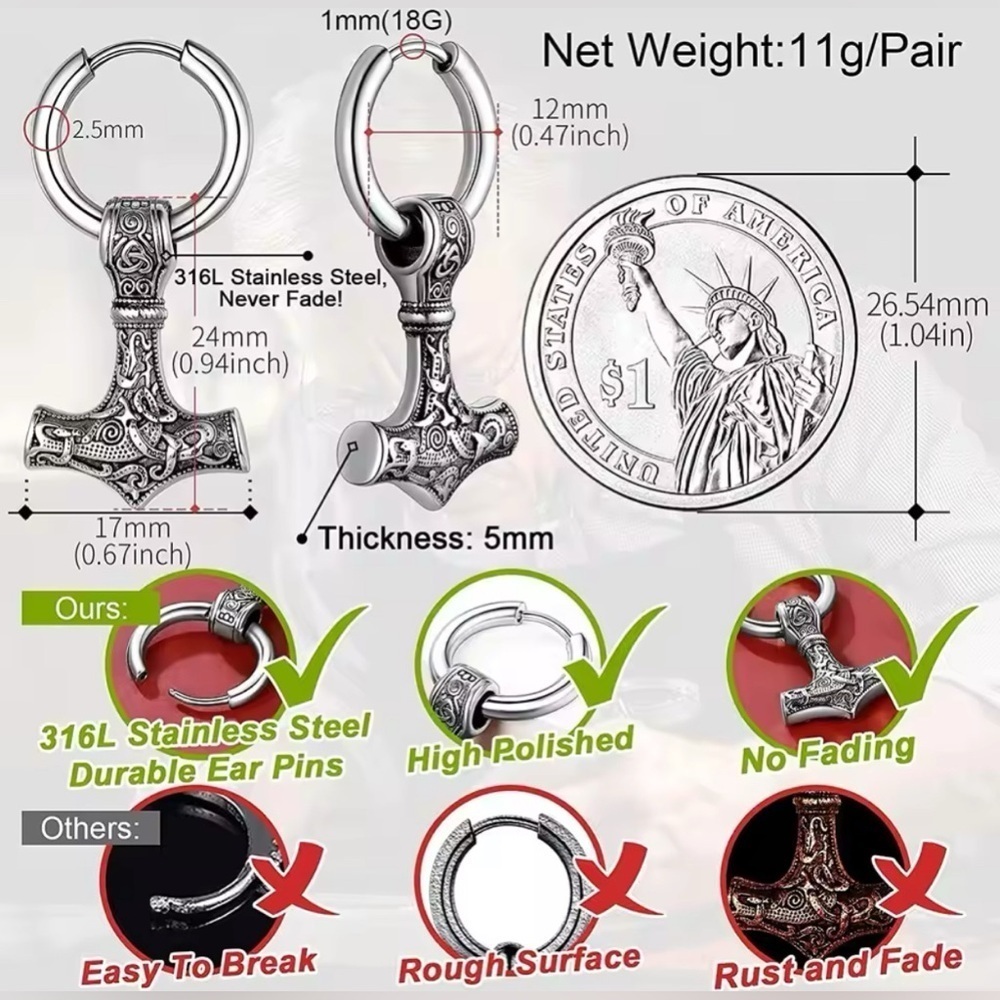 Black Gun Metal Gold Mjolnir Thor’s Hammer Viking Runes Unisex Hoop Earrings - Picture 5 of 7